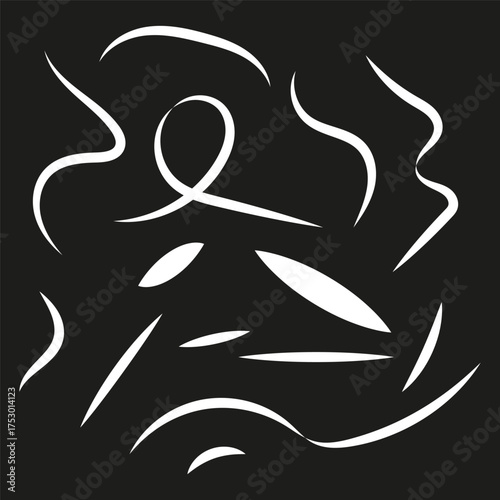 Abstract scribble shapes. Dynamic chaotic lines. Stylized random Vector. Black background art.