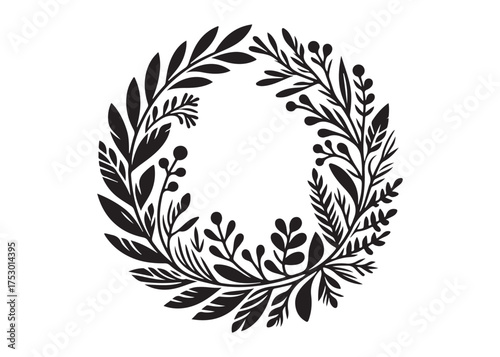 circle wreath logo silhouette vector, circle with leaves silhouette vector illustration, wreath silhouette vector logo, circle botanical wreath logo silhouettes vector on white background