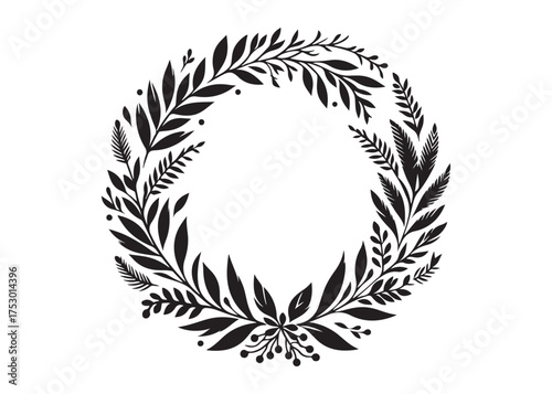 circle wreath logo silhouette vector, circle with leaves silhouette vector illustration, wreath silhouette vector logo, circle botanical wreath logo silhouettes vector on white background