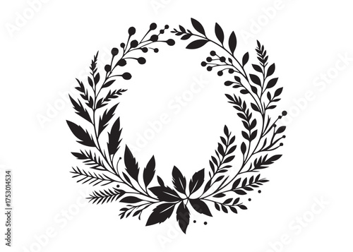 circle wreath logo silhouette vector, circle with leaves silhouette vector illustration, wreath silhouette vector logo, circle botanical wreath logo silhouettes vector on white background