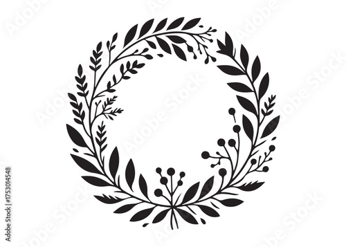 circle wreath logo silhouette vector, circle with leaves silhouette vector illustration, wreath silhouette vector logo, circle botanical wreath logo silhouettes vector on white background