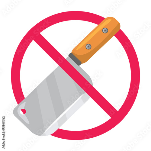 No butcher knife sign, forbidden sign with butcher knife icon, do not use old traditional butcher knife, red crossed circle symbol, flat vector illustration
