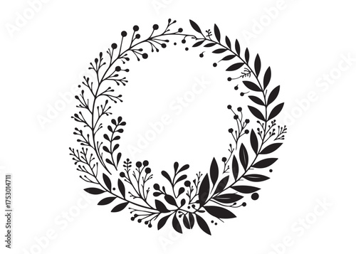 circle wreath logo silhouette vector, circle with leaves silhouette vector illustration, wreath silhouette vector logo, circle botanical wreath logo silhouettes vector on white background