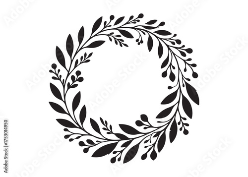 circle wreath logo silhouette vector, circle with leaves silhouette vector illustration, wreath silhouette vector logo, circle botanical wreath logo silhouettes vector on white background
