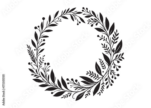 circle wreath logo silhouette vector, circle with leaves silhouette vector illustration, wreath silhouette vector logo, circle botanical wreath logo silhouettes vector on white background