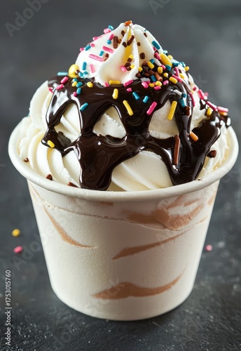 A cup of creamy soft serve ice cream, topped with chocolate syrup and sprinkles. Stock