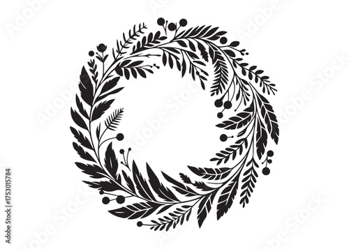circle wreath logo silhouette vector, circle with leaves silhouette vector illustration, wreath silhouette vector logo, circle botanical wreath logo silhouettes vector on white background