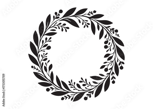 circle wreath logo silhouette vector, circle with leaves silhouette vector illustration, wreath silhouette vector logo, circle botanical wreath logo silhouettes vector on white background