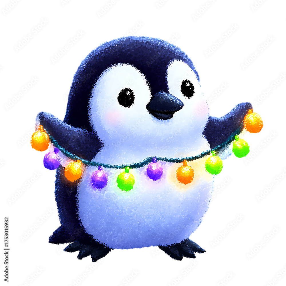 Fototapeta premium Penguin holding a string of ornaments and ribbons with its wings Cute Winter Penguins, Kawaii Holiday Animals