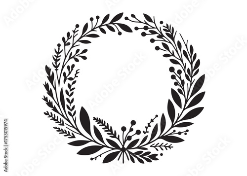 circle wreath logo silhouette vector, circle with leaves silhouette vector illustration, wreath silhouette vector logo, circle botanical wreath logo silhouettes vector on white background