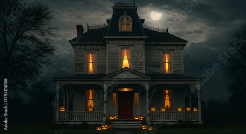 Spooky Haunted House with Lanterns and Full Moon on Halloween Night