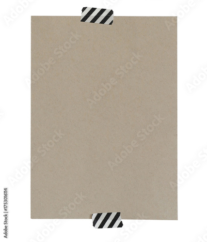 Blank craft notepaper mockup. Reminder message card template isolated on transparent background. Brown beige textured paper. Grunge torn striped washi tape. Office business stationery element.