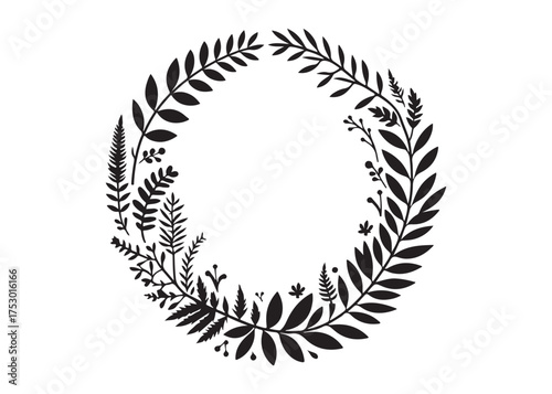 circle wreath logo silhouette vector, circle with leaves silhouette vector illustration, wreath silhouette vector logo, circle botanical wreath logo silhouettes vector on white background