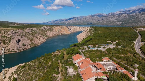 Aerial Cinematic View of Croatia’s Coastal Landscape with Bridges and Turquoise Adriatic Sea. Drone Flight Over Scenic Croatian Coastline, Islands