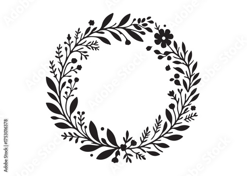 circle wreath logo silhouette vector, circle with leaves silhouette vector illustration, wreath silhouette vector logo, circle botanical wreath logo silhouettes vector on white background
