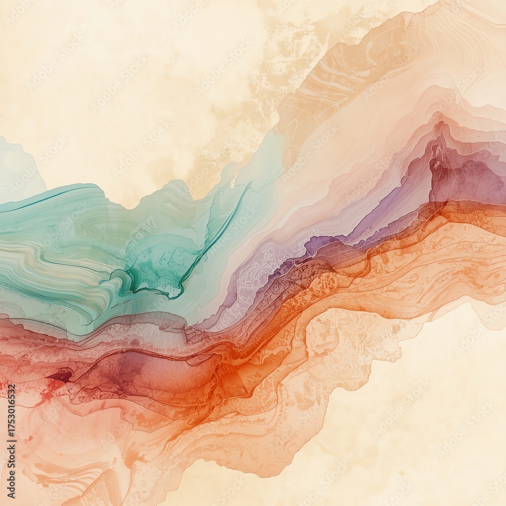 Fototapeta premium Abstract flowing watercolor with soft pastel hues, organic textures, and gentle curves creating a serene and artistic background.