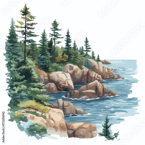 Acadia National Park. Acadia National Park hand drawn watercolor illustration