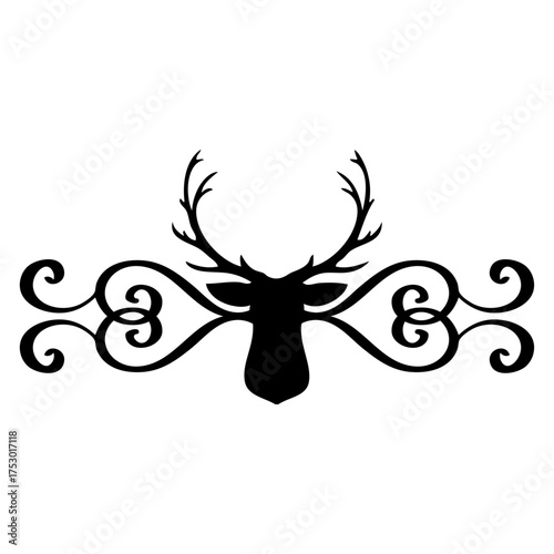 Logo con silueta de cabeza de ciervo o del reno Rudolph con filigrana caligráfica. Silueta con florituras para tarjetas y felicitaciones de Navidad