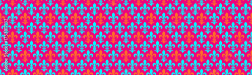 Vibrant repeating pattern of stylized fleurdelis in teal and coral on a fuchsia background.  Perfect for textile design, wallpaper, website backgrounds, and decorative projects.