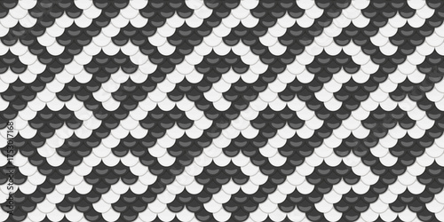 Abstract seamless pattern of overlapping scales in monochrome.  Elegant geometric design, perfect for backgrounds, textures, or fashion prints.  Evokes a sense of order and sophistication.