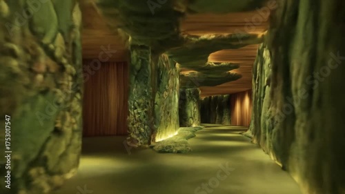 Stone tunnel with low ceiling and soft light illuminating the path forward