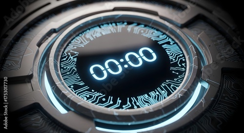 Close-up of a high-tech metallic device featuring a glowing blue digital clock displaying 00:00 surrounded by intricate circuit patterns.