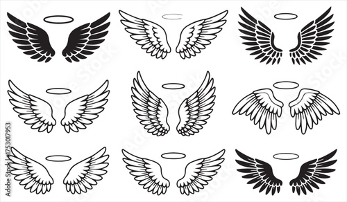 Divine wings and halo outline set – detailed heavenly illustrations for decorative and tattoo design