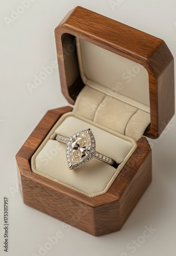 A custom-designed ring box with a modern geometric shape, featuring a pear-shaped diamond. Stock