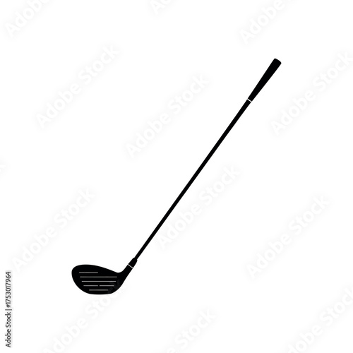 An isolated black silhouette icon of a golf club driver, a symbol of the classic sport, a recreational hobby, and the concept of a powerful tee-off swing