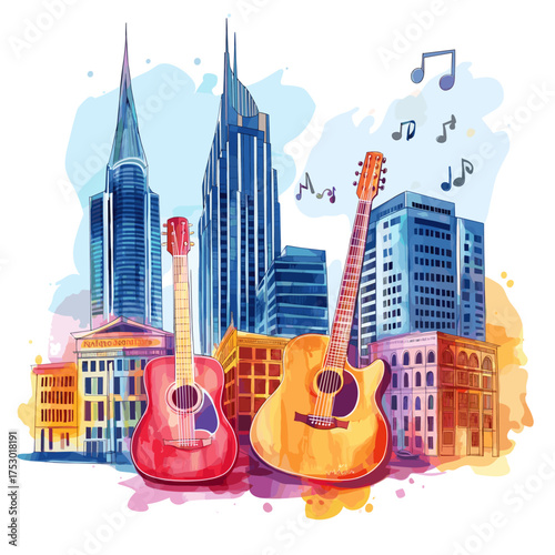 Nashville's Broadway and Music Row. Nashville's Broadway and Music Row hand drawn watercolor illustration