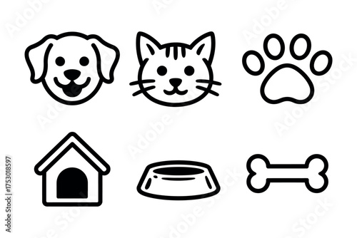 Simple and cute pet icons featuring a dog, cat, paw print, dog house, food bowl, and bone