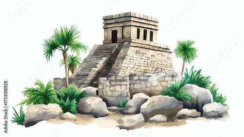 Tulum Ruins. Tulum Ruins hand drawn watercolor illustration