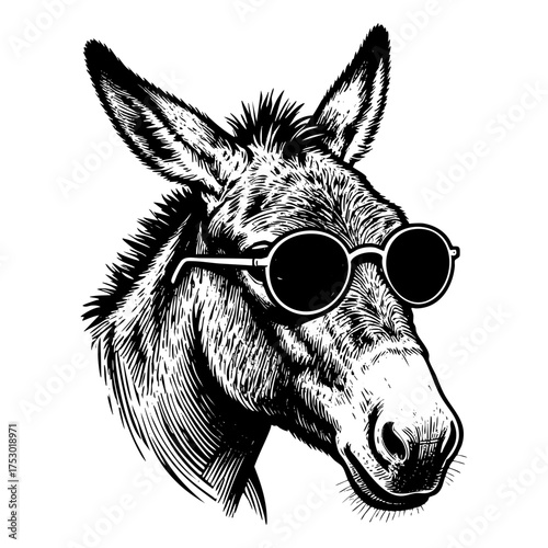 Cool Donkey Head with Sunglasses Engraving Vector Illustration