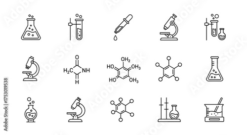 Science and chemistry research icon set. Vector line art symbols for laboratory experiments, medical analysis, and education. Includes microscope, flask, and molecules.