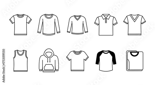 T-shirt icon set. Apparel and clothes line art collection. Includes hoodie, polo shirt, tank top, long sleeve, v-neck, and raglan. Men's fashion vector symbols for web design.