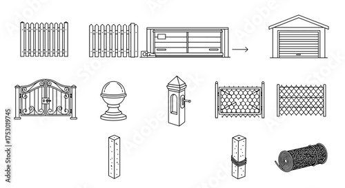 Vector icon set of fences, gates, and barriers. Outline illustration of property security elements like picket fence, iron gate, garage door, and chain link fence construction.