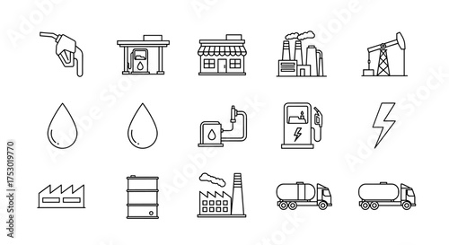 Fuel and energy industry vector icon set. Line art collection of oil and gas production symbols. Includes petroleum refinery, gasoline pump, station, tanker truck, and derrick.