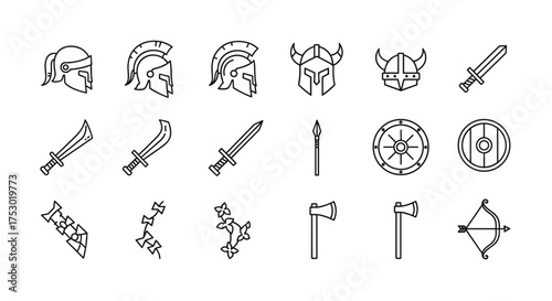 Ancient warrior linear icons set. Gladiator, spartan and viking helmet, sword, shield, axe, bow. Battle weapon and armor line art collection for history or game design.