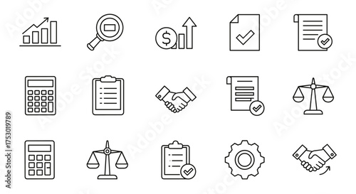 Business and finance line icon set. Thin line vector icons for web design and development. Financial growth, investment, legal agreement, handshake, and analysis symbols.