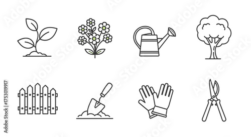 Gardening line icon set vector. Garden tools and plants collection. Sprout, flower, watering can, tree, fence, trowel, gloves, pruners. Spring horticulture outline symbols.