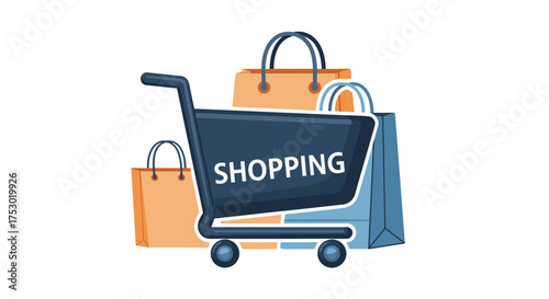 Shopping cart with paper bags for purchases. Concept for retail, consumerism, and e-commerce. Online store order symbol. Sale, discount, and special offer banner. Vector icon.