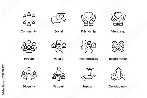 Friendship, support and community vector icon collection. Line icons representing social connection, relationships, diversity, teamwork, development and local village life.