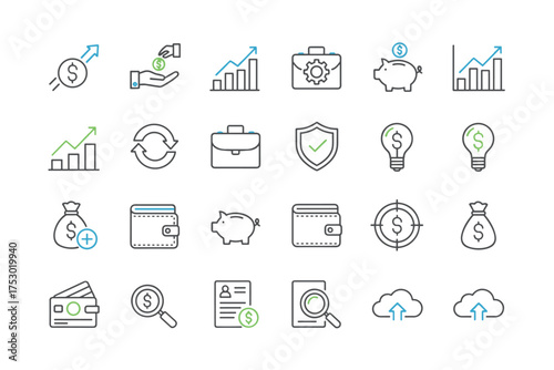 Business and finance thin line icon set. Investment, savings, and profit growth concepts. Vector icons for banking, financial analysis, marketing strategy, and money management.