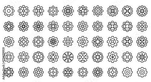 Gear line icon set. Big collection of cogwheels. Mechanical technology, machine sign. Engineering symbol. Settings, options, configuration pictogram. Industrial progress concept.