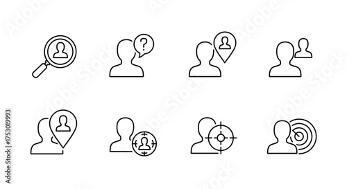 User targeting line icon set. Audience research, customer analysis, and recruitment. Headhunting, marketing strategy, segmentation. Find, focus, and locate target users.
