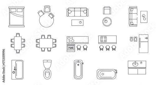 Furniture top view collection for interior design. Set of vector icons for architectural floor plans. Outline symbols for living room, kitchen, bedroom, bathroom blueprint.