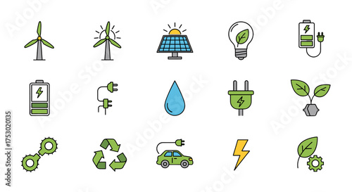 Set of green energy vector icons. Renewable resources and sustainability concept. Eco friendly power, wind turbine, solar panel, electric car, recycling, environment symbols.