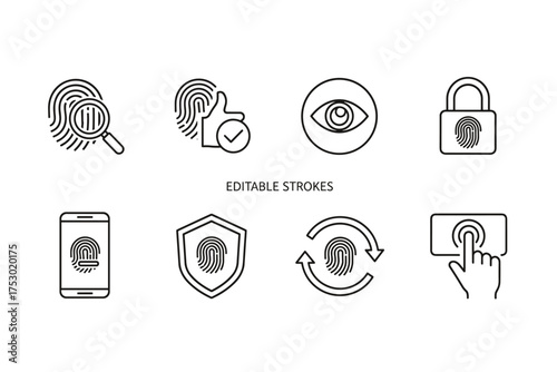 Biometric identification icon set. Fingerprint scanner for security access control and user authentication. Mobile login, touch ID verification, data protection, and eye scan icons.