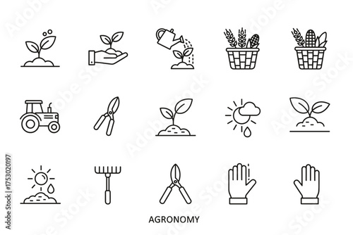 Agronomy farming line icon set. Agriculture and gardening symbols. Plant growth, cultivation, harvest. Sprout, seedling, tractor, rake, shears, basket vector illustration.