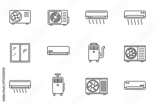 Air conditioner line icon set. HVAC, cooling and ventilation symbols. Climate control equipment. AC unit, conditioner, fan, and window pictogram collection. Vector illustration.